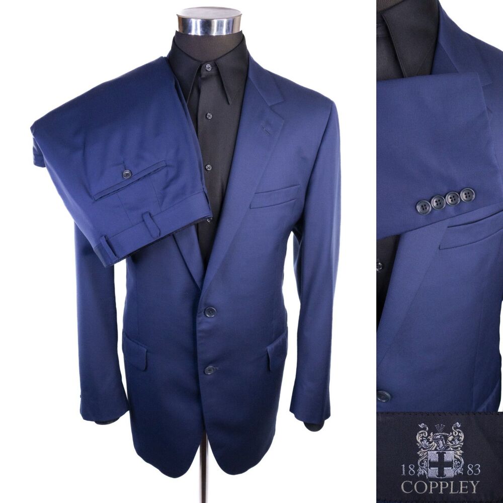 Coppley 2-Pcs Solid Navy Blue Suit 100's Wool Blazer Jacket Sz 46R Pants 38X31.5